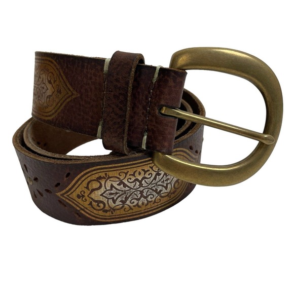 Fossil Accessories - Fossil Leather Belt Medium Women Brown Ornate Cut Out Metallic Brass Buckle